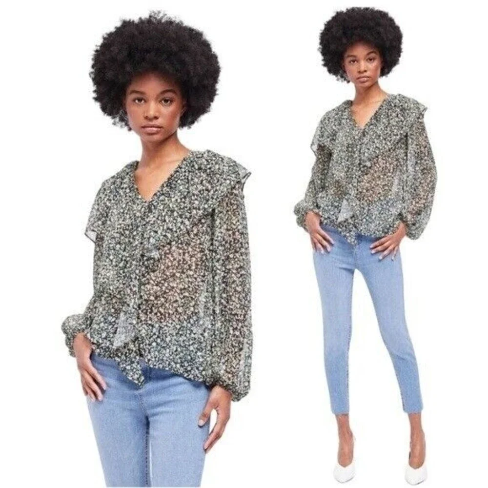 Topshop Women Green Floral Ruffle Long Sleeve Semi Sheer‎ Blouse Top 6